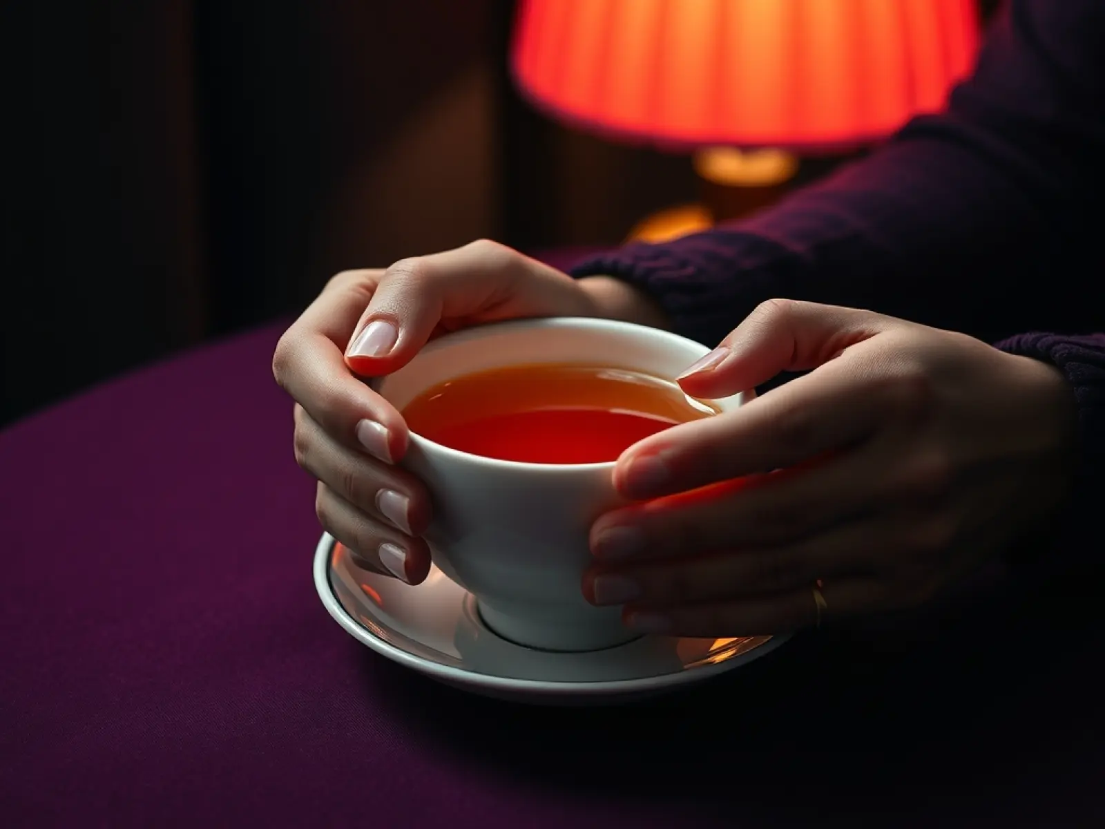 Mains autour d'une tasse chaude, moment de calme et d'écoute